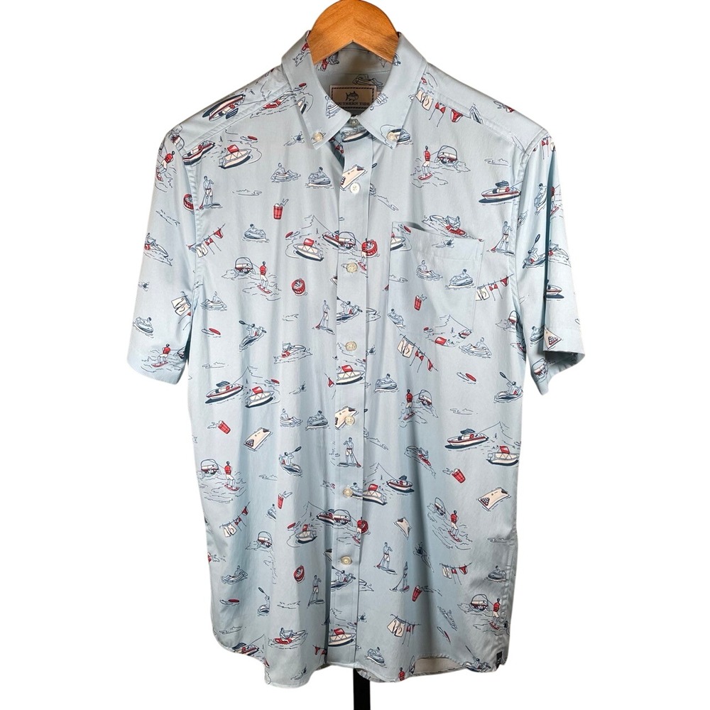 Southern Tide Intercoastal Men's Small Boat Print Button Up Short Sleeve Shirt